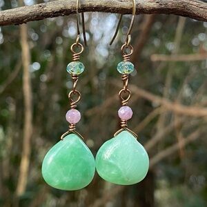 Green Quartz and Pink Tourmaline Dangle Earrings